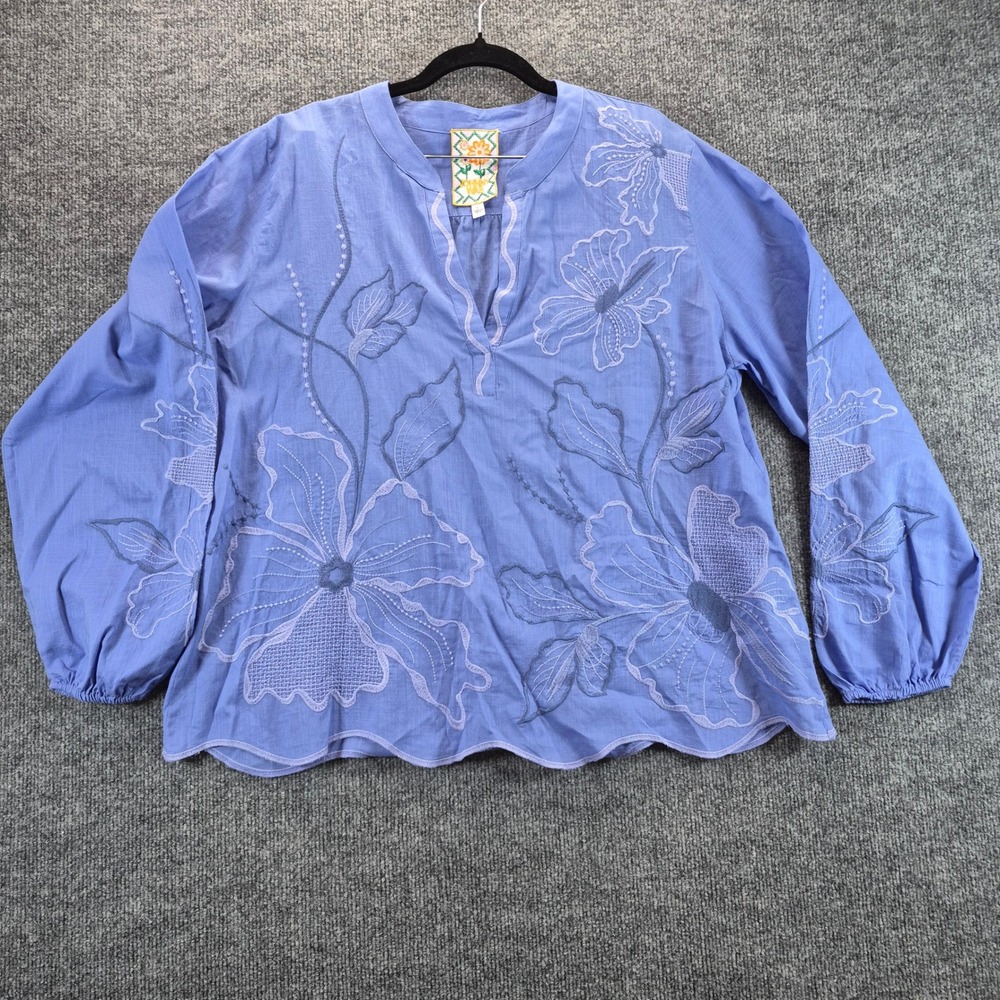 Johnny Was Embroidered Cotton Blouse L Periwinkle Blue Womens